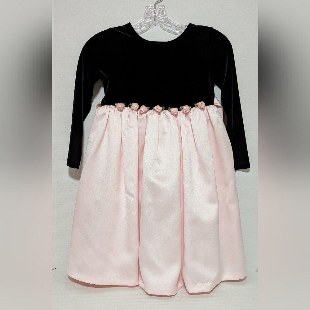 SZ 6 Bonnie Jean Girl's Long Sleeve Black Velvet & Lt. Pink Satin Organza Dress
